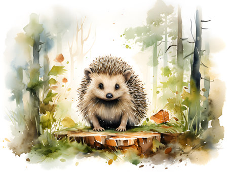 Delightful hedgehog amidst a picturesque forest setting, beautifully depicted in watercolor.の素材