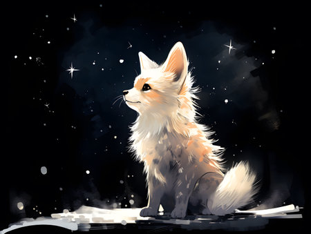 Cute fox amazed by the stars in a simple outline sketch.の素材