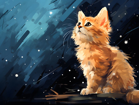Minimalist sketches showcasing the adorable simplicity of a full-bodied sand cat in awe of the snowy night.の素材