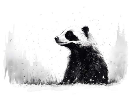 Rudimentary outline drawings of a full-bodied badger, captivated by the beauty of the nighttime sky.の素材
