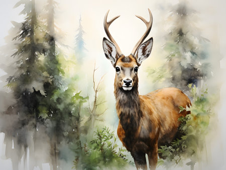 Immerse yourself in the tranquility of the woods with a captivating watercolor painting of a chamois on a clean white background.の素材