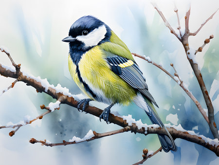 Cute and vibrant avian print featuring a cartoonish great tit.の素材
