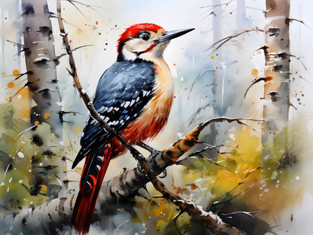 Vibrant watercolor illustration of a woodpecker among trees.の素材