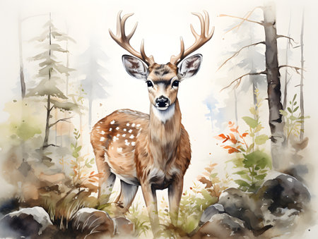 Tranquil image of a deer amidst the trees.の素材