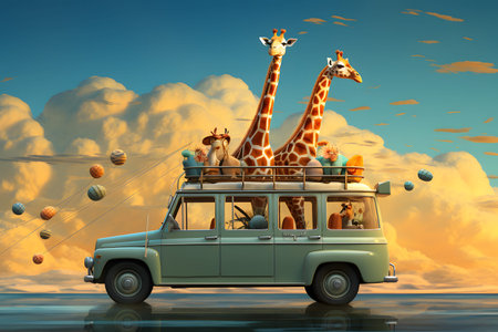 Unleash your imagination with a whimsical giraffe perched on a blue jeep roof. (Tags: imagination, whimsical, giraffe, jeep)の素材