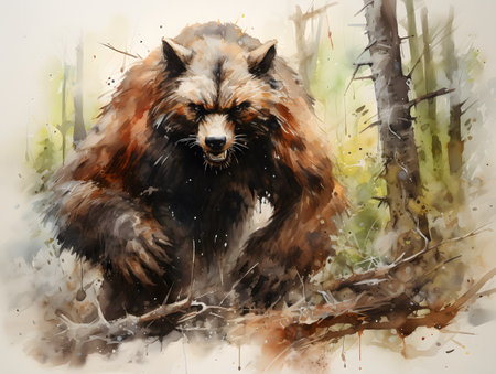 Tranquil Forest Art: Delight in the elegance of a wolverine portrayed in watercolor, set against a pure white canvas.の素材