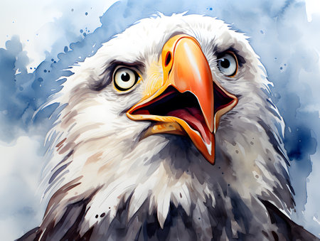 Vibrant watercolor painting of a cute bald eagle with crosshatched shading.の素材