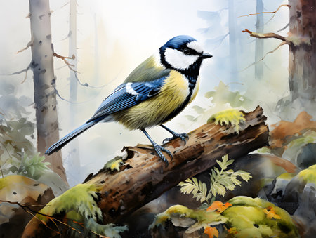 Serene watercolor painting of a great tit bird amidst the beauty of the woods.の素材
