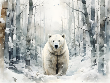 Captivating watercolor depiction of a polar bear gracefully exploring the woods.の素材