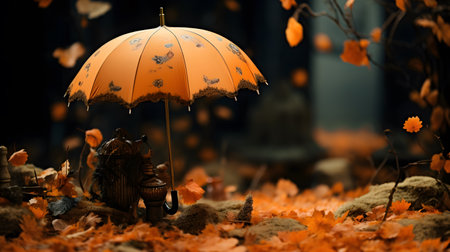 Vibrant autumn scene with a colorful umbrella on grass, creating a joyful chaos. (80 characters)の素材