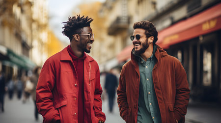 A multicultural fusion of personalities captured in a cozy outdoor setting, with warm tones and relatable vibes.の素材