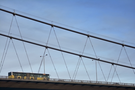 Metrobus Passing Through Bosphorus Bridge, Istanbul, Turkeyの写真素材