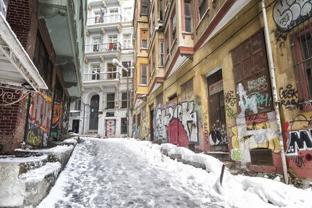 Back Alley Under Snow From Galata District, Istanbul, Turkeyのeditorial素材