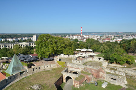 Cityscape of Belgrade and rear view of Zindan Gate of Belgrade Fortress, the middle southeastern...
