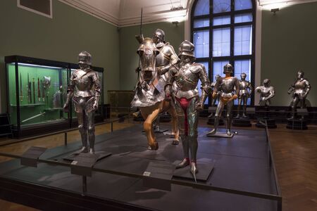 Armoured knights with horses on display from Collection of Arms and Armour section of Kunsthistorisches Museum (Museum of Art History). Vienna, Austriaのeditorial素材