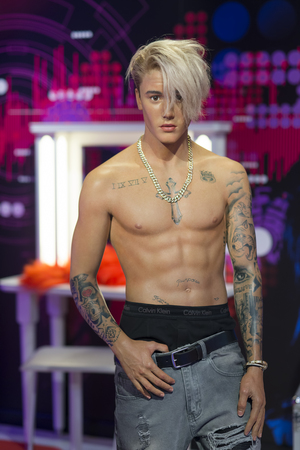 Wax sculpture of Justin Bieber, a Canadian singer and songwriter at Madame Tussauds Istanbul.のeditorial素材