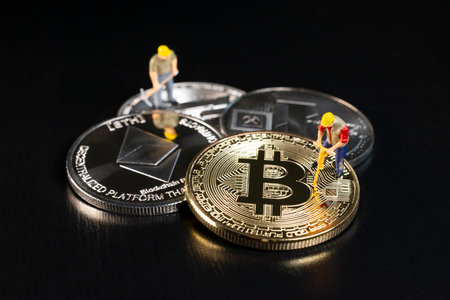 Miniature Workers Mining Various Cryptocurrencies