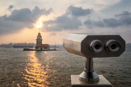 Sightseeing Binoculars And Maiden's Tower, Istanbul, Turkeyの写真素材
