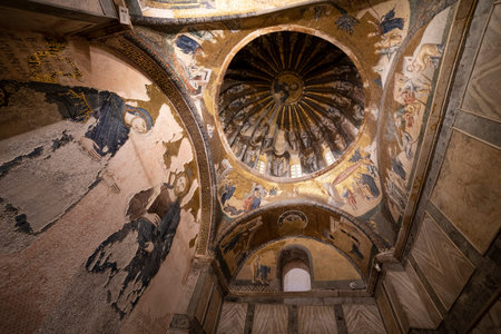 Interior detail from the frescos inside Chora Museum, a medieval Byzantine Greek Orthodox church preserved as the Chora Museum in Edirnekapi, Istanbul.のeditorial素材