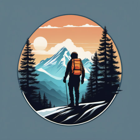 Digital Illustration Of A Mountain Climber, Mountain Top And Forests At Backgroundの素材