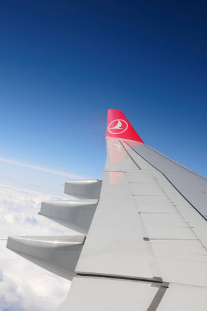 Aeroplane wing with Turkish Airlines Logo (THY), Thy operates scheduled services to 340 destinations in Europe, Asia, Africa, and America.のeditorial素材