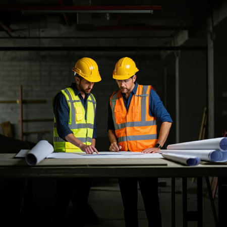Portrait of two engineers working together on a construction site at nightの素材