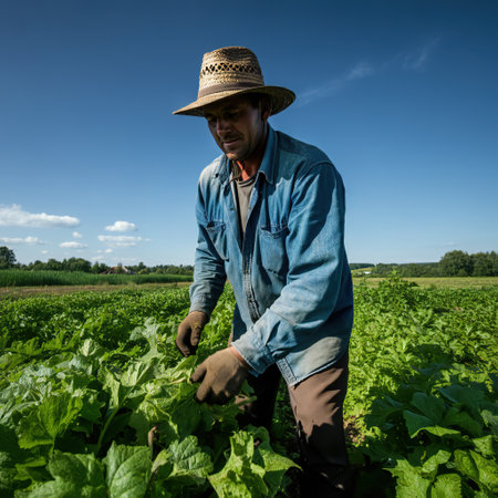 Farmer in a straw hat is standing in the field and looking at the sugar beet.の素材