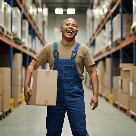 happy african american warehouse worker with box in hands in warehouseの素材