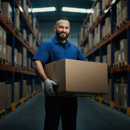 Portrait of a smiling male warehouse worker carrying a box in a warehouseの素材