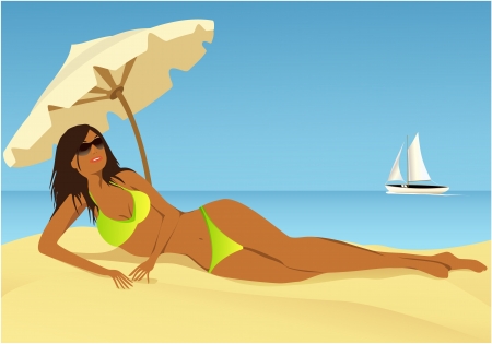 Cartoon summer background with young woman sunbathing on the beachのイラスト素材