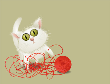 Little cat playing with ball of woolのイラスト素材
