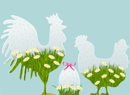 Floral Easter decorations with cock, hen and eggのイラスト素材