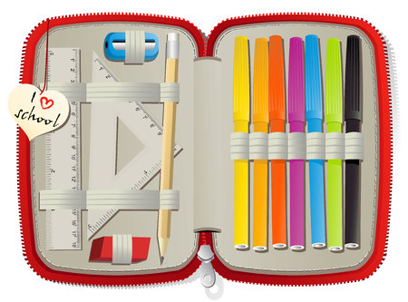 Set of school accessories in pencil boxのイラスト素材