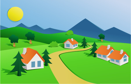 Cut out paper landscape with small village. Vector illustration.のイラスト素材