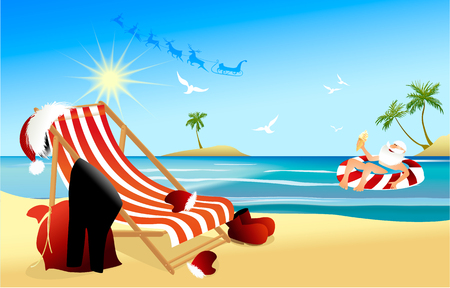 Tropical Christmas background with relaxing Santa Claus