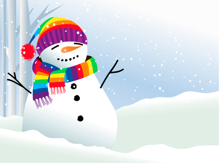 Christmas background with snowman in rainbow scarfのイラスト素材