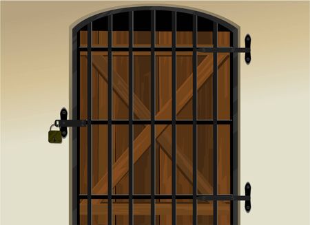 Wooden cellar door locked with a padlockのイラスト素材