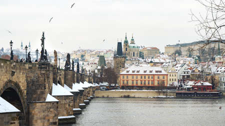 Charles Bridge Panorama in Winterの写真素材