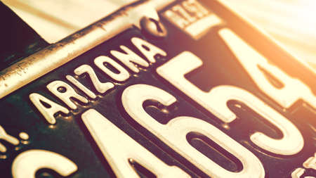 Old License Plate Arizona State, Western Retro Style Sunsetの写真素材
