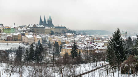 Prague Castle in Winter, Snow Covered Cityscapeのeditorial素材