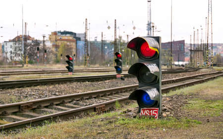 Red and Blue Signaling Train Traffic Lightsの写真素材