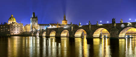 Romantic Travel Destination, Charles Bridge at Night, Historical Prague, the Heart of Europeの写真素材