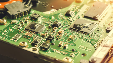 Circuit Board, Electronic Semiconductor Parts Covered in Water Droplets