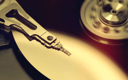 Open Computer Hard Disk Drive, Platter and Read Write Head, Modern Technology Mediumの写真素材