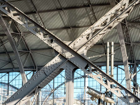 Solid X-Shaped Steel Construction, Part of a Train Station Hall, Reliable Non-Flammable Supportの写真素材