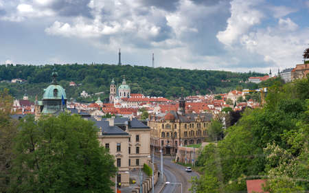 Prague Street with Apartment Buildings and Greenery Around, Weather Before the Rainのeditorial素材