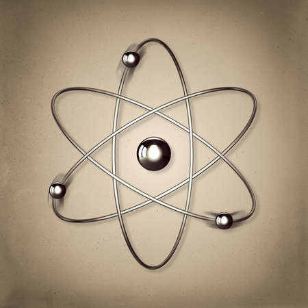 Metallic 3D Model of Atom with Vintage Background, Symbol of Nuclear Age, Electrons Moving Around a Nucleusの写真素材