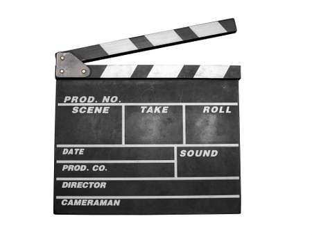 Action, an Old Black Film Clapper on whiteの写真素材