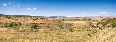 Summer Landscape Panorama, Plain with Beautiful Valley, Road and Bushes, Utah, USAの写真素材