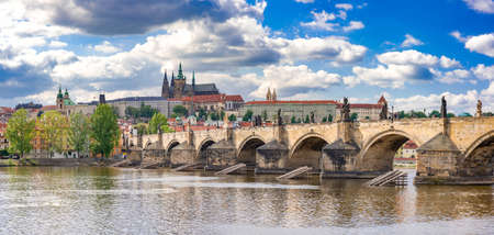 Panorama of Prague Castle with Charles Bridge over the Vltava Riverの写真素材